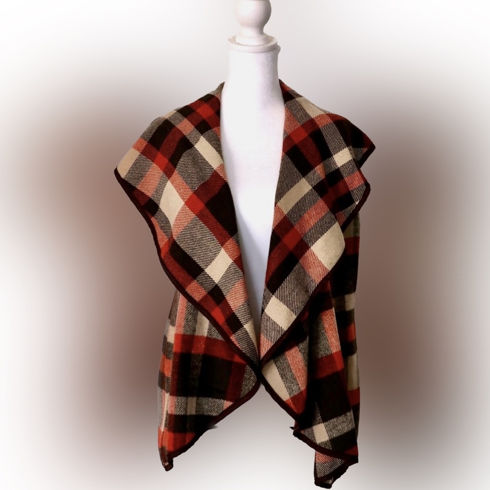 Lapel Open Front Sleeveless Plaid Vest Cardigan with Pockets, Brown and Orange